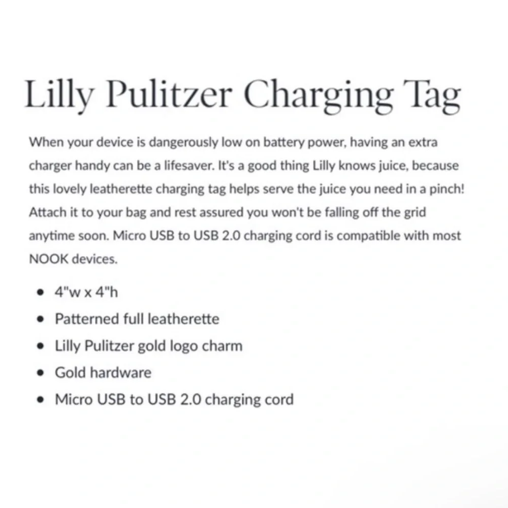 Lilly Pulitzer charging tag in high maintenance print NWT in box